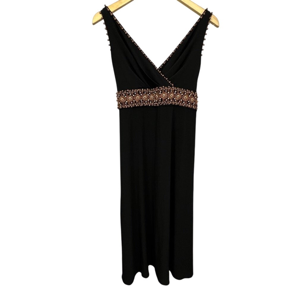 Adrianna Papell Black Beaded Embroidered Double V-Neck Dress SZ 10P Date Night